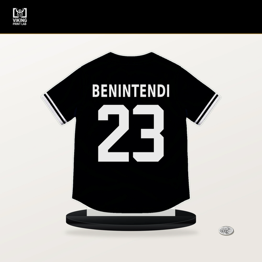 Andrew Benintendi number 23 Chicago White Sox jersey stand with included black base.