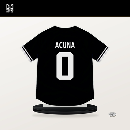 Luisangel Acuna number 0 Chicago White Sox jersey stand with included black base.