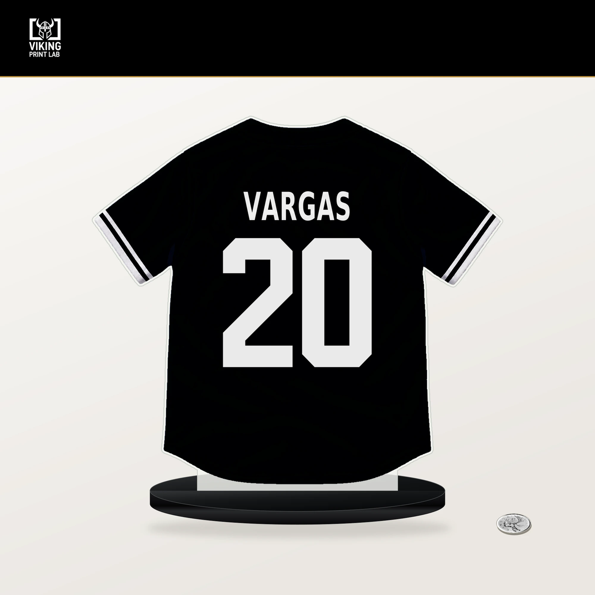 Miguel Vargas number 20 Chicago White Sox jersey stand with included black base.