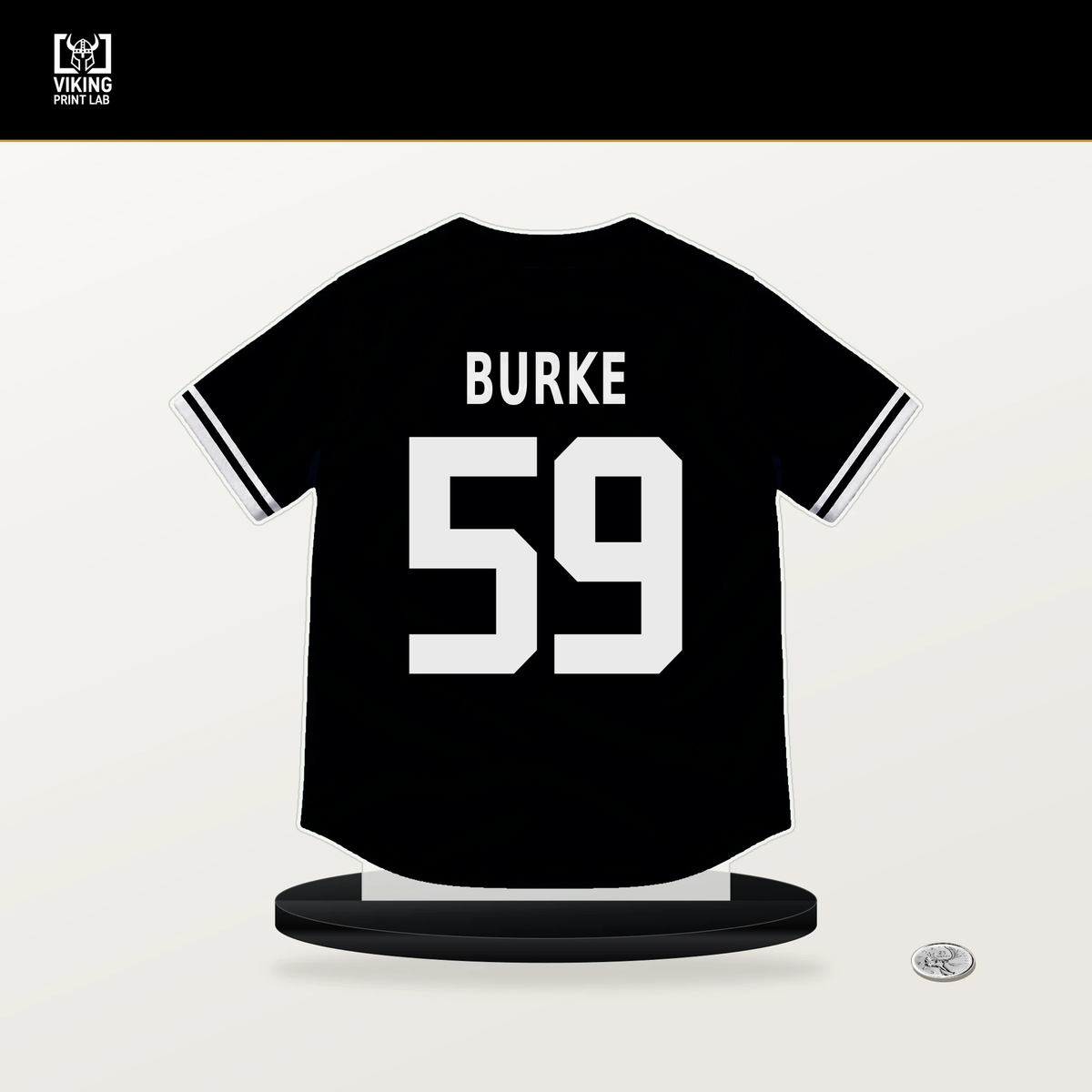 Sean Burke number 59 Chicago White Sox jersey stand with included black base.