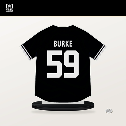 Sean Burke number 59 Chicago White Sox jersey stand with included black base.
