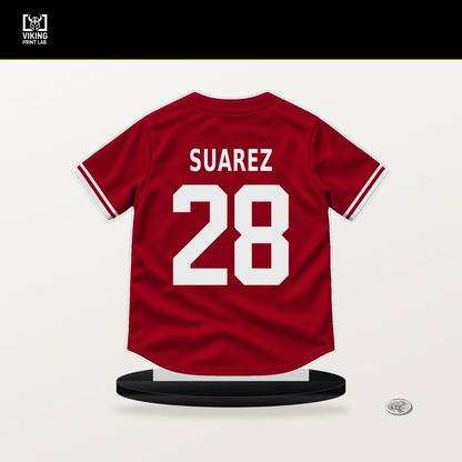 Eugenio Suarez number 28 Cincinnati Reds jersey stand with included black base.