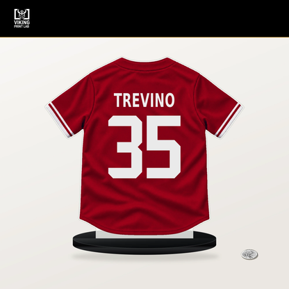 Jose Trevino number 35 Cincinnati Reds jersey stand with included black base.