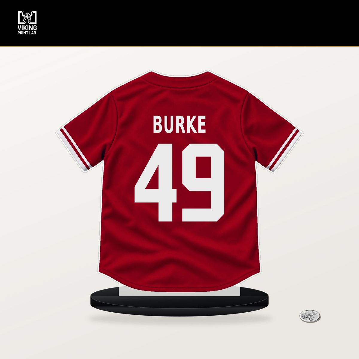 Brock Burke number 49 Cincinnati Reds jersey stand with included black base.