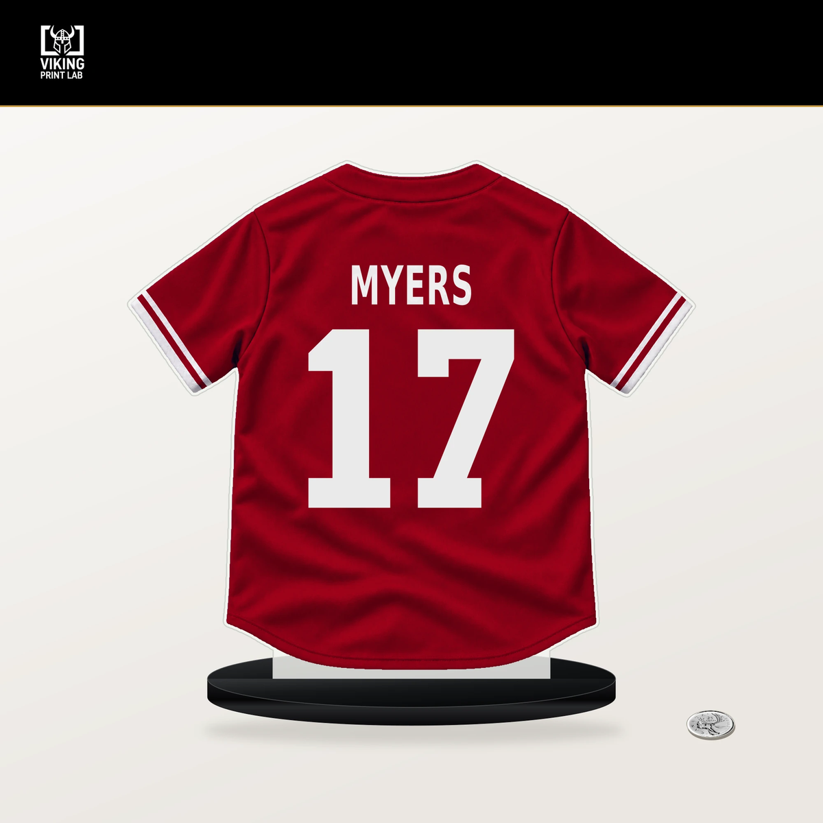 Dane Myers number 17 Cincinnati Reds jersey stand with included black base.