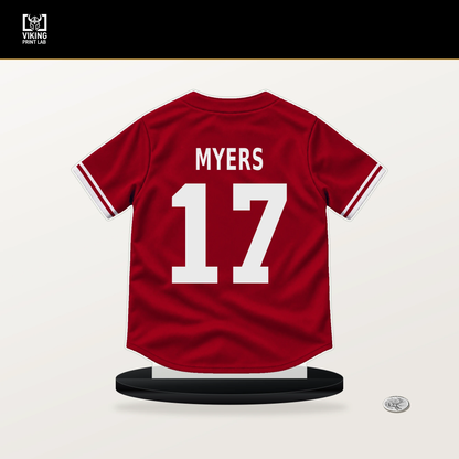 Dane Myers number 17 Cincinnati Reds jersey stand with included black base.