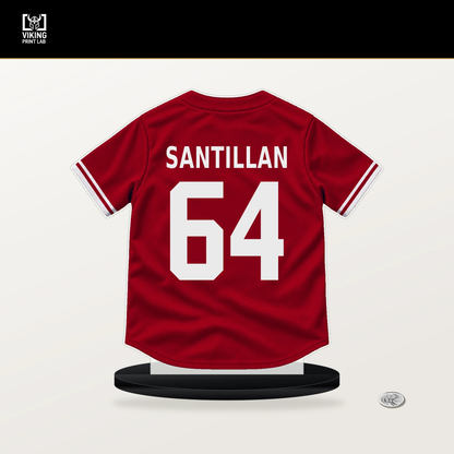 Tony Santillan number 64 Cincinnati Reds jersey stand with included black base.