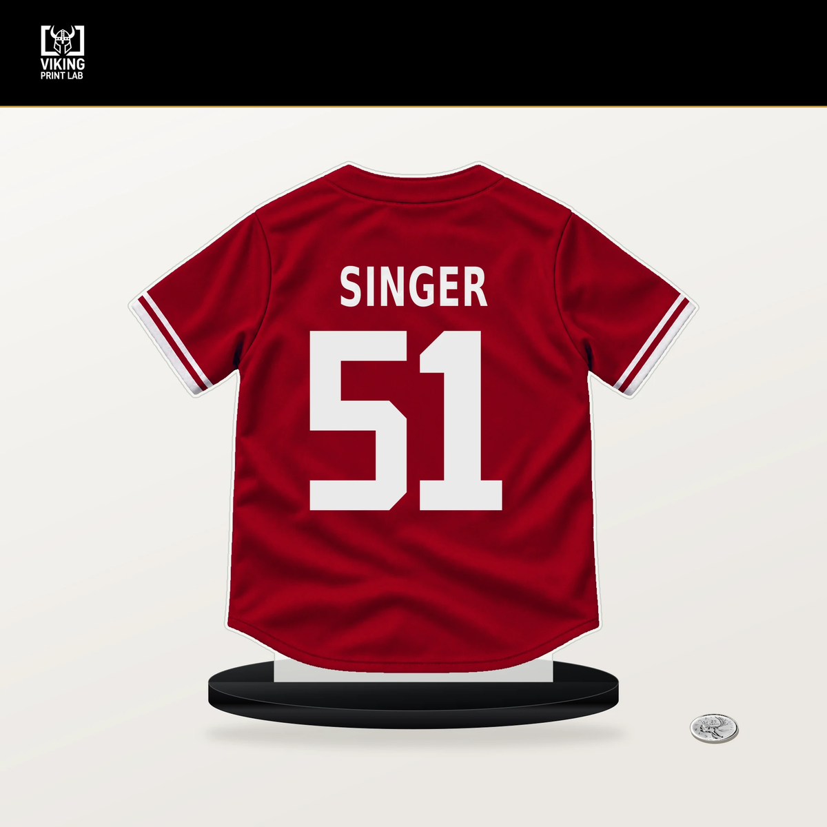 Brady Singer number 51 Cincinnati Reds jersey stand with included black base.
