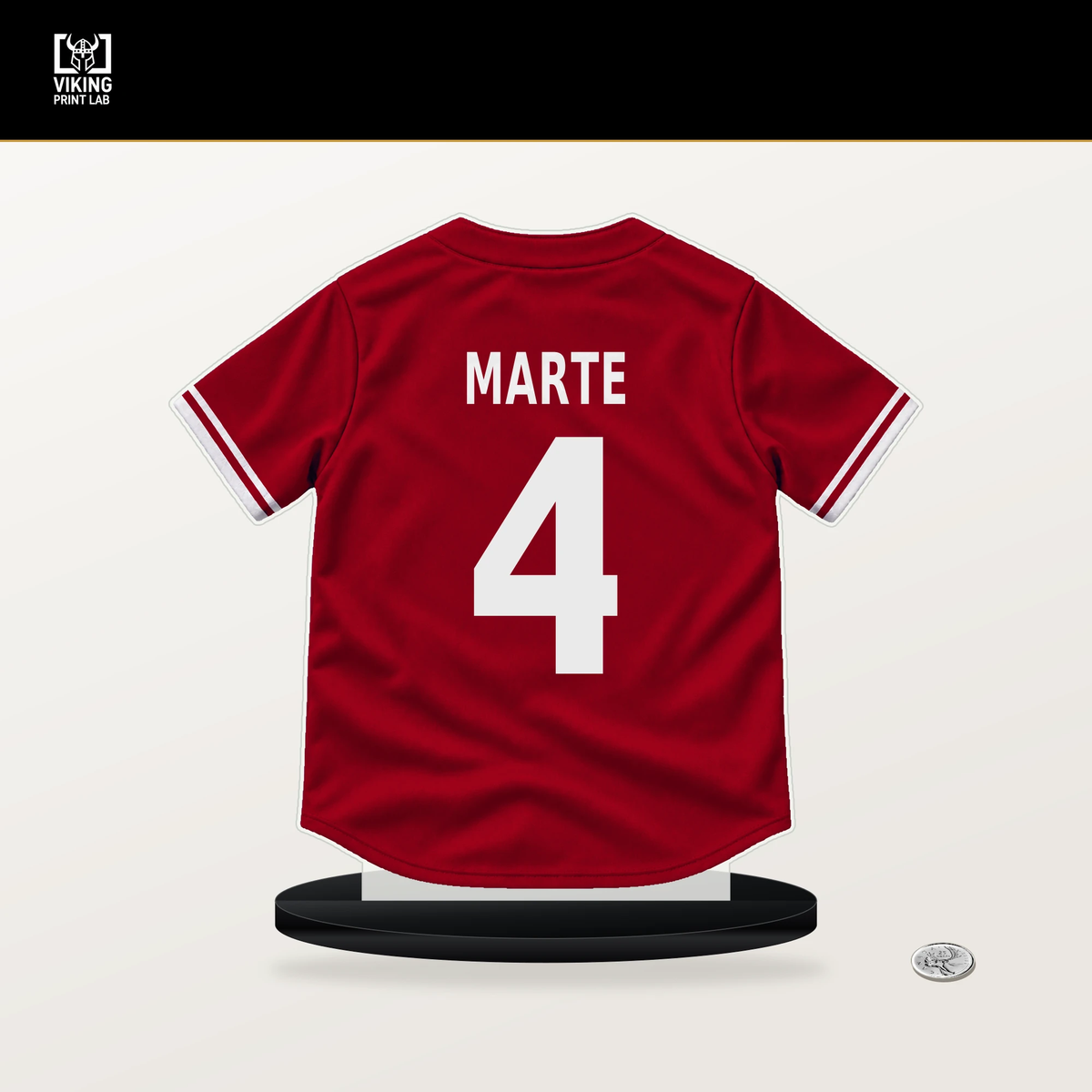 Noelvi Marte number 4 Cincinnati Reds jersey stand with included black base.