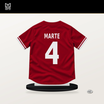 Noelvi Marte number 4 Cincinnati Reds jersey stand with included black base.