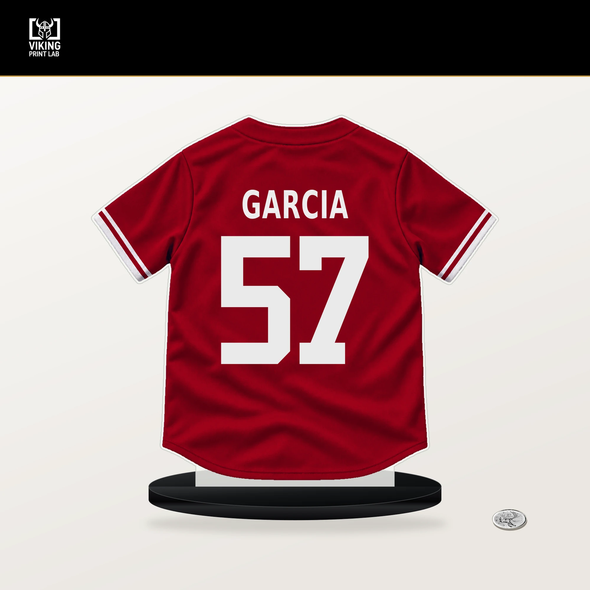 Julian Garcia number 57 Cincinnati Reds jersey stand with included black base.