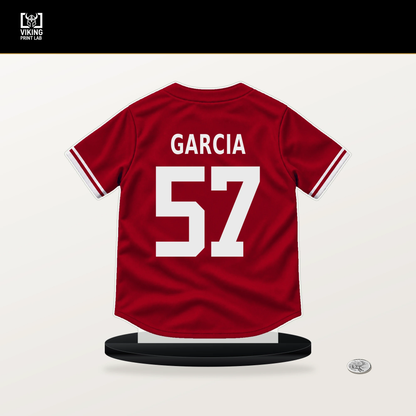 Julian Garcia number 57 Cincinnati Reds jersey stand with included black base.