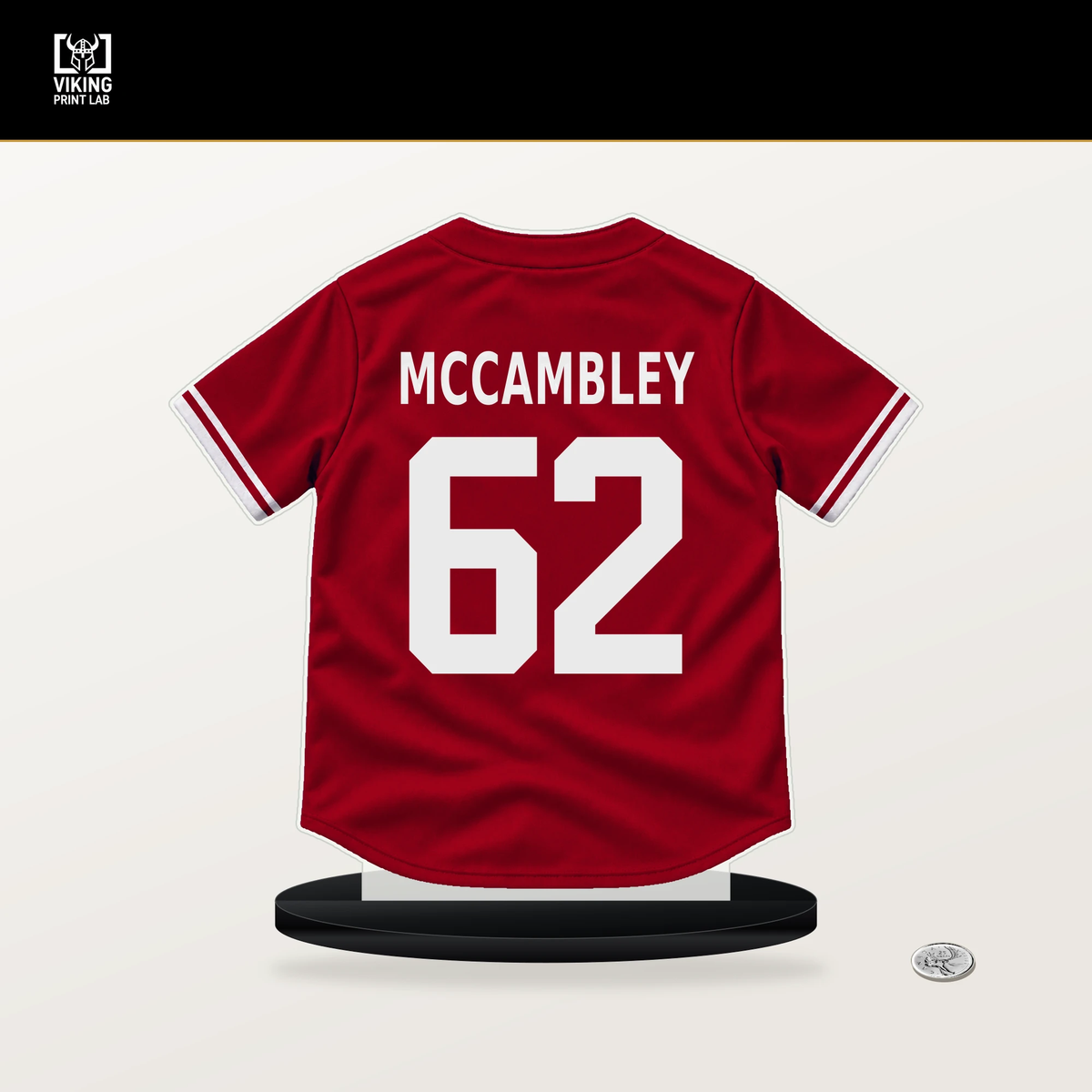 Zach McCambley number 62 Cincinnati Reds jersey stand with included black base.