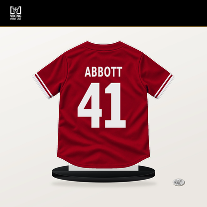 Andrew Abbott number 41 Cincinnati Reds jersey stand with included black base.