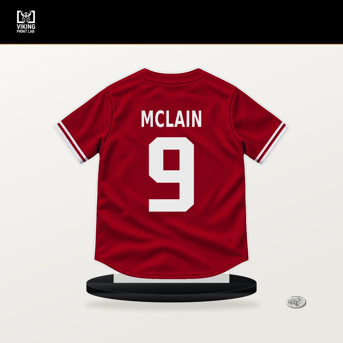 Matt McLain number 9 Cincinnati Reds jersey stand with included black base.