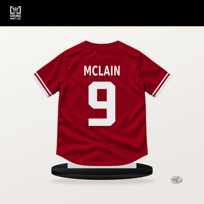 Matt McLain number 9 Cincinnati Reds jersey stand with included black base.
