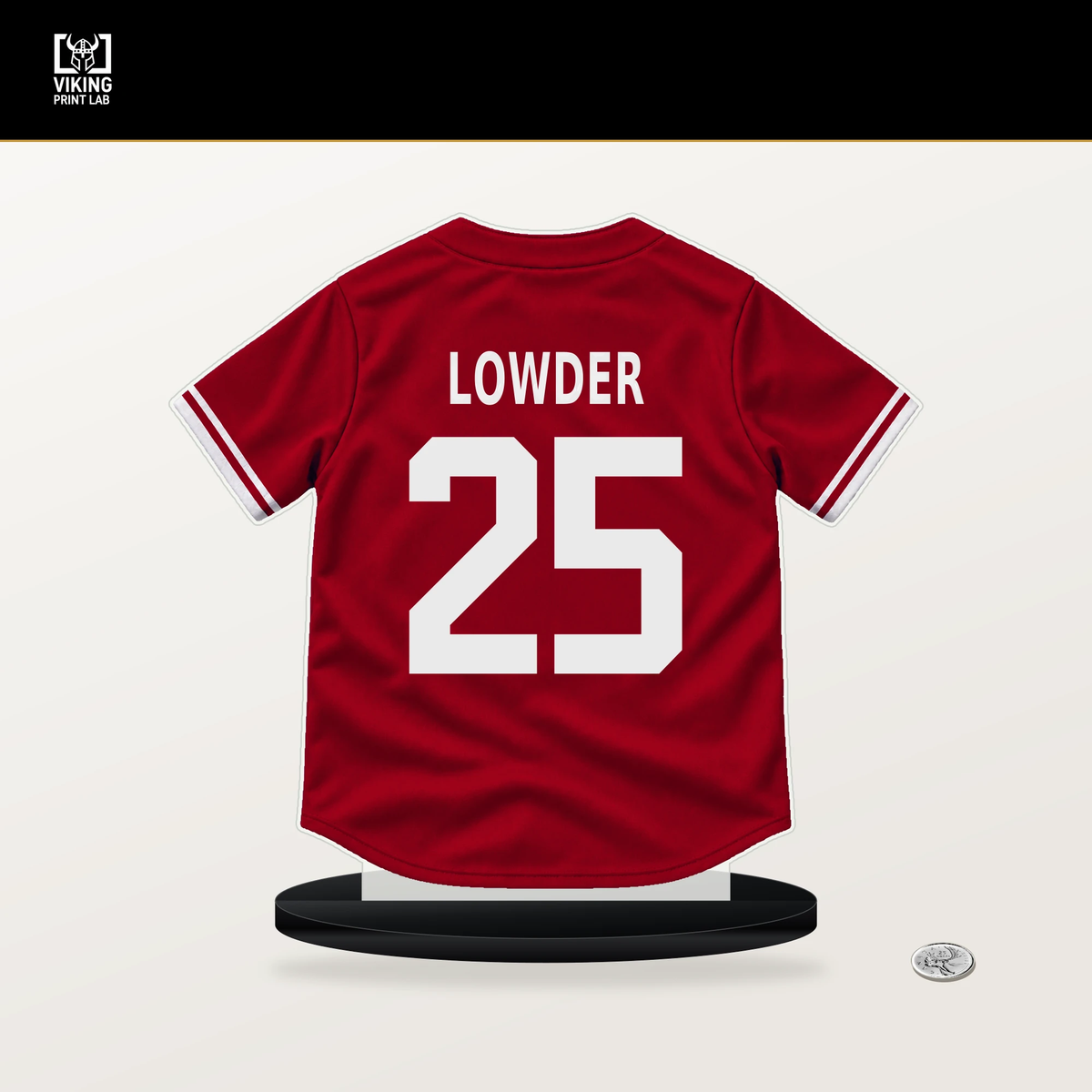 Rhett Lowder number 25 Cincinnati Reds jersey stand with included black base.