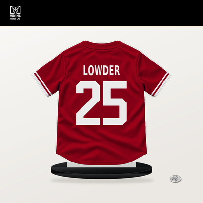 Rhett Lowder number 25 Cincinnati Reds jersey stand with included black base.