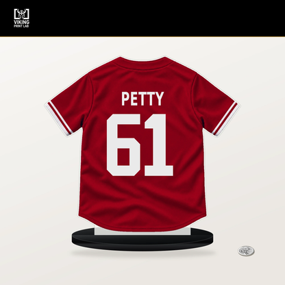 Chase Petty number 61 Cincinnati Reds jersey stand with included black base.