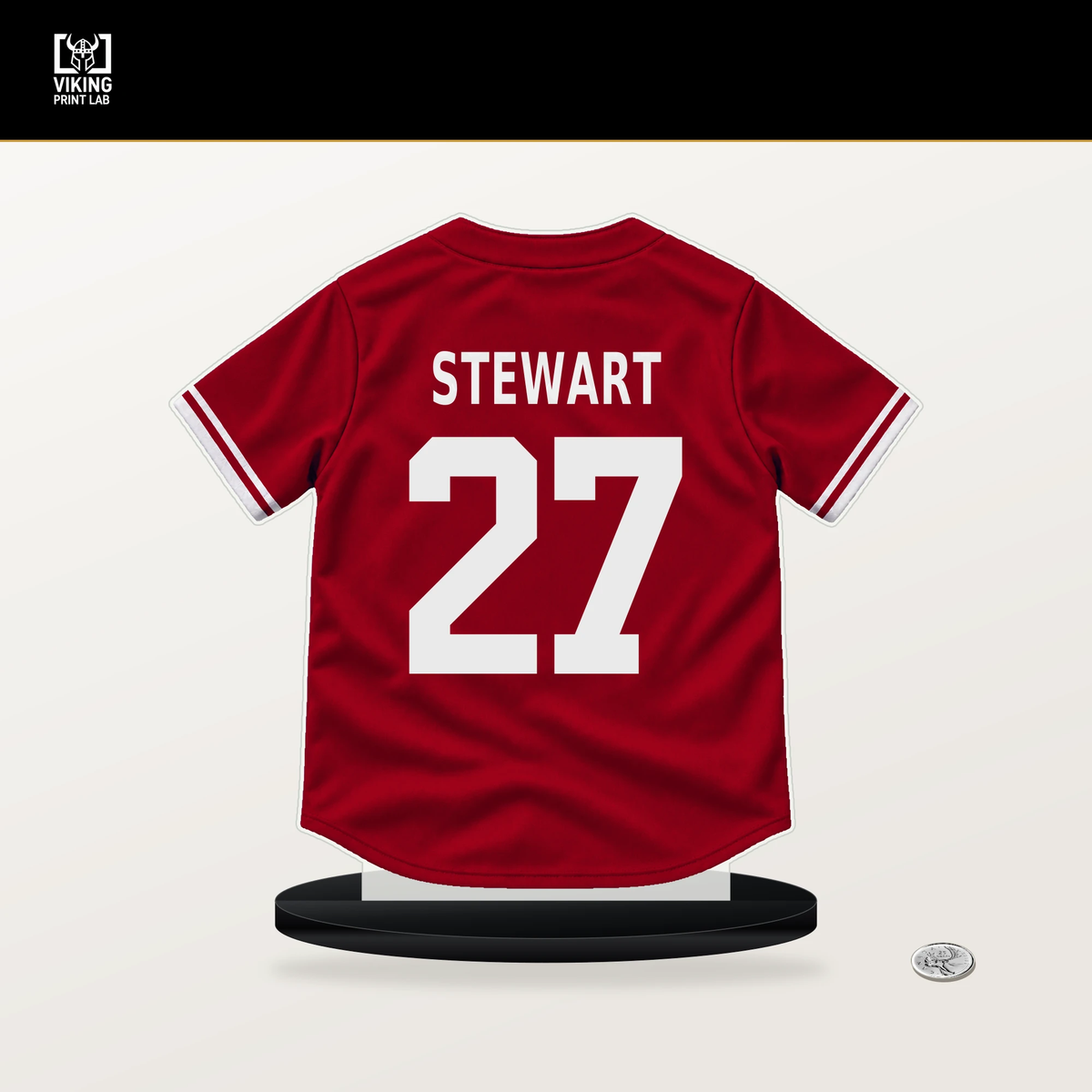 Sal Stewart number 27 Cincinnati Reds jersey stand with included black base.