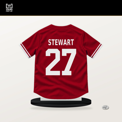 Sal Stewart number 27 Cincinnati Reds jersey stand with included black base.