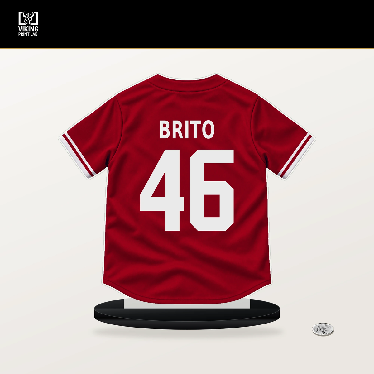 Juan Brito number 46 Cincinnati Reds jersey stand with included black base.