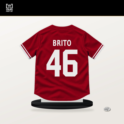 Juan Brito number 46 Cincinnati Reds jersey stand with included black base.