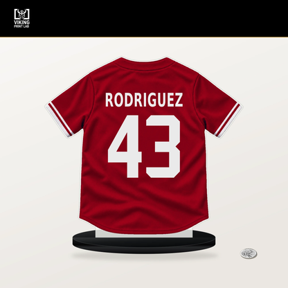 Hector Rodriguez number 43 Cincinnati Reds jersey stand with included black base.