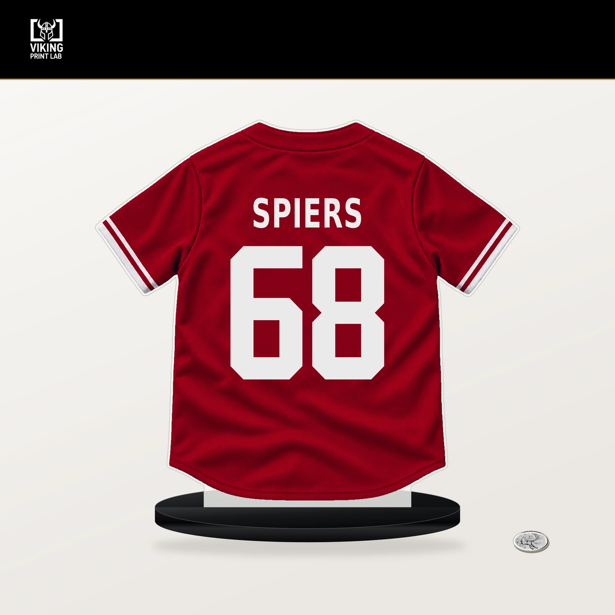 Carson Spiers number 68 Cincinnati Reds jersey stand with included black base.