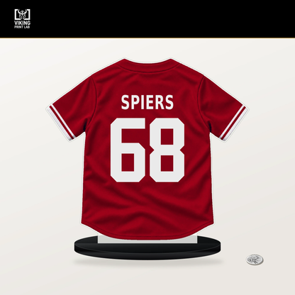 Carson Spiers number 68 Cincinnati Reds jersey stand with included black base.