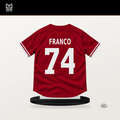 Jose Franco number 74 Cincinnati Reds jersey stand with included black base.