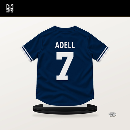 Jo Adell number 7 Cleveland Guardians jersey stand with included black base.