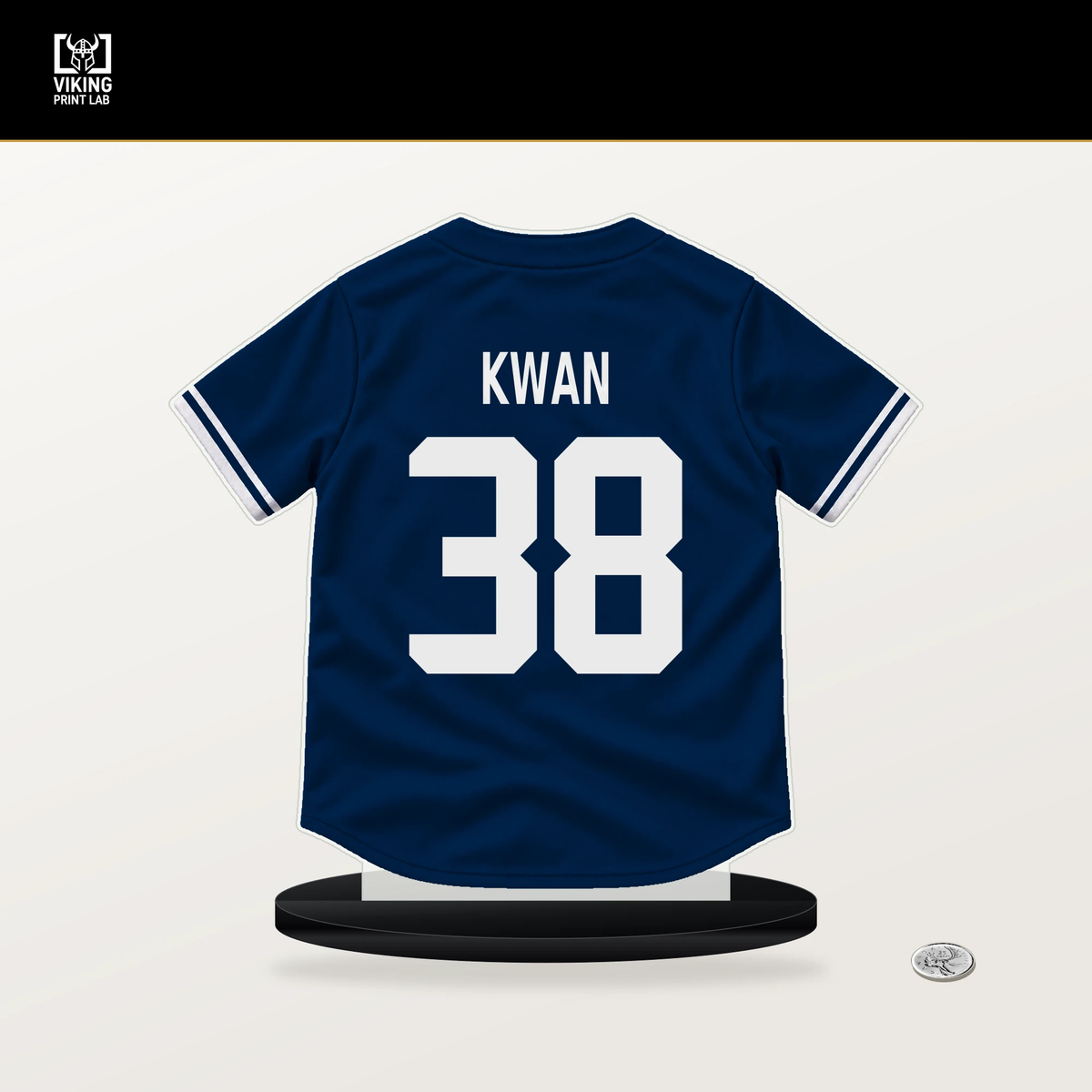 Steven Kwan number 38 Cleveland Guardians jersey stand with included black base.