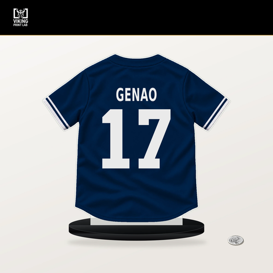 Angel Genao number 17 Cleveland Guardians jersey stand with included black base.