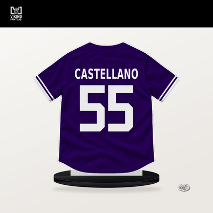 Eiberson Castellano number 55 Colorado Rockies jersey stand with included black base.