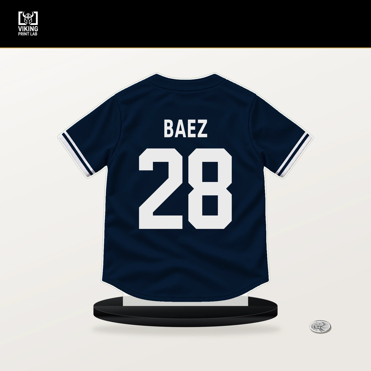 Javier Baez number 28 Detroit Tigers jersey stand with included black base.