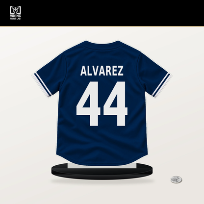 Yordan Alvarez number 44 Houston Astros jersey stand with included black base.