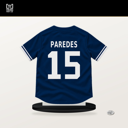 Isaac Paredes number 15 Houston Astros jersey stand with included black base.