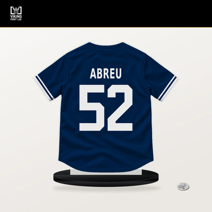 Bryan Abreu number 52 Houston Astros jersey stand with included black base.