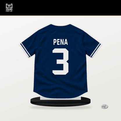 Jeremy Pena number 3 Houston Astros jersey stand with included black base.