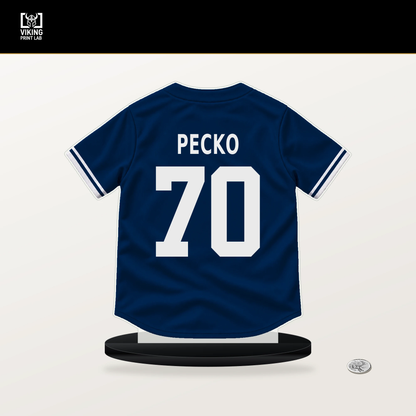 Ethan Pecko number 70 Houston Astros jersey stand with included black base.
