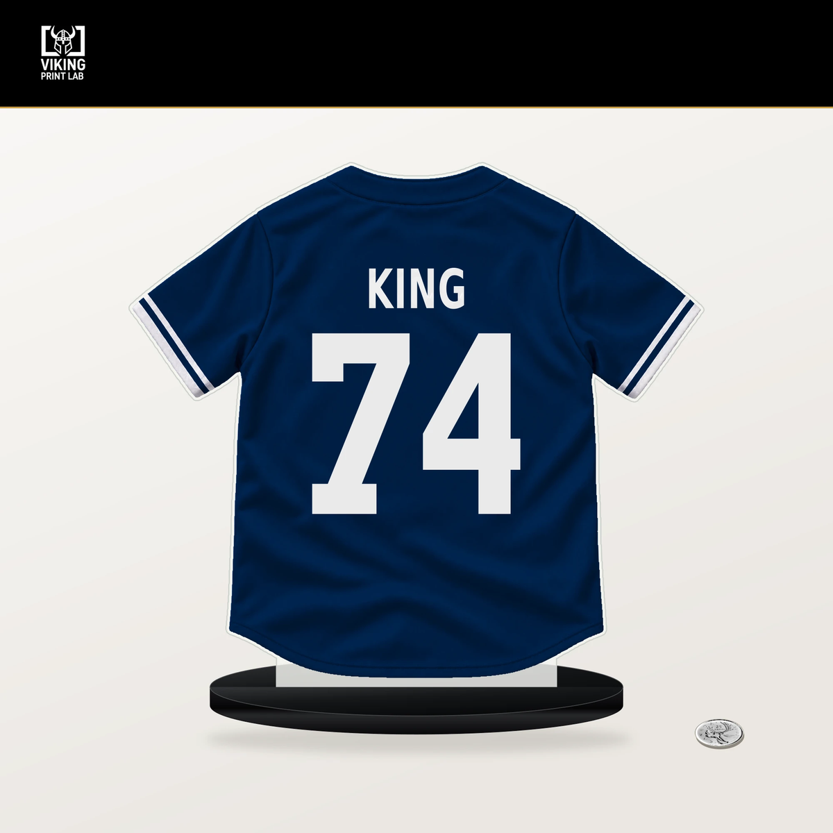 Bryan King number 74 Houston Astros jersey stand with included black base.
