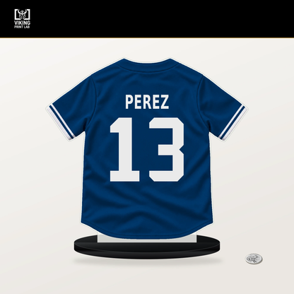 Salvador Perez number 13 Kansas City Royals jersey stand with included black base.