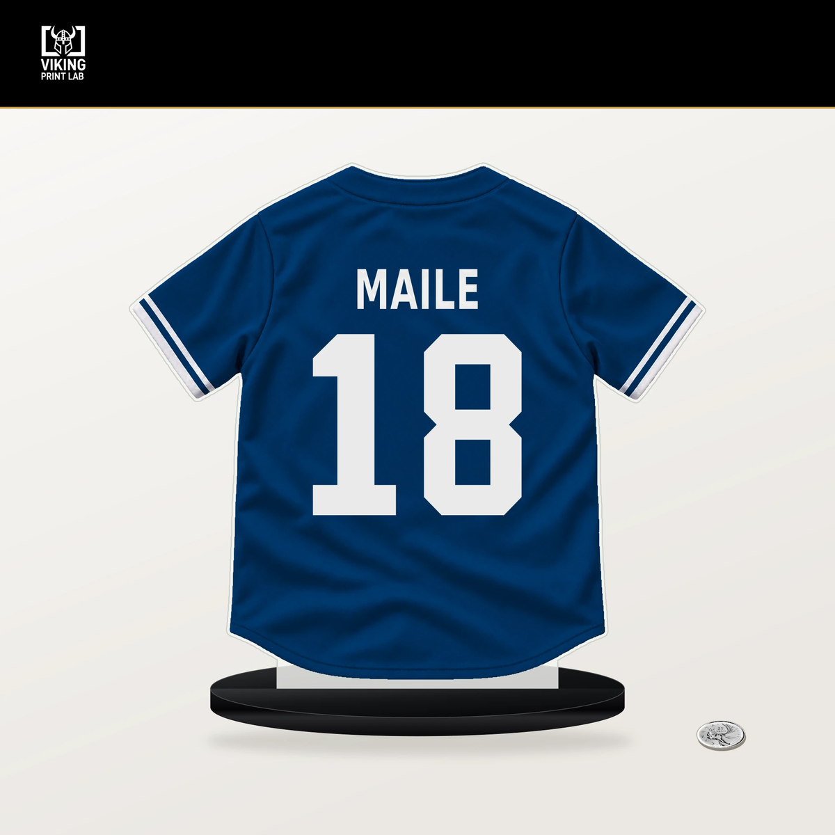 Luke Maile number 18 Kansas City Royals jersey stand with included black base.