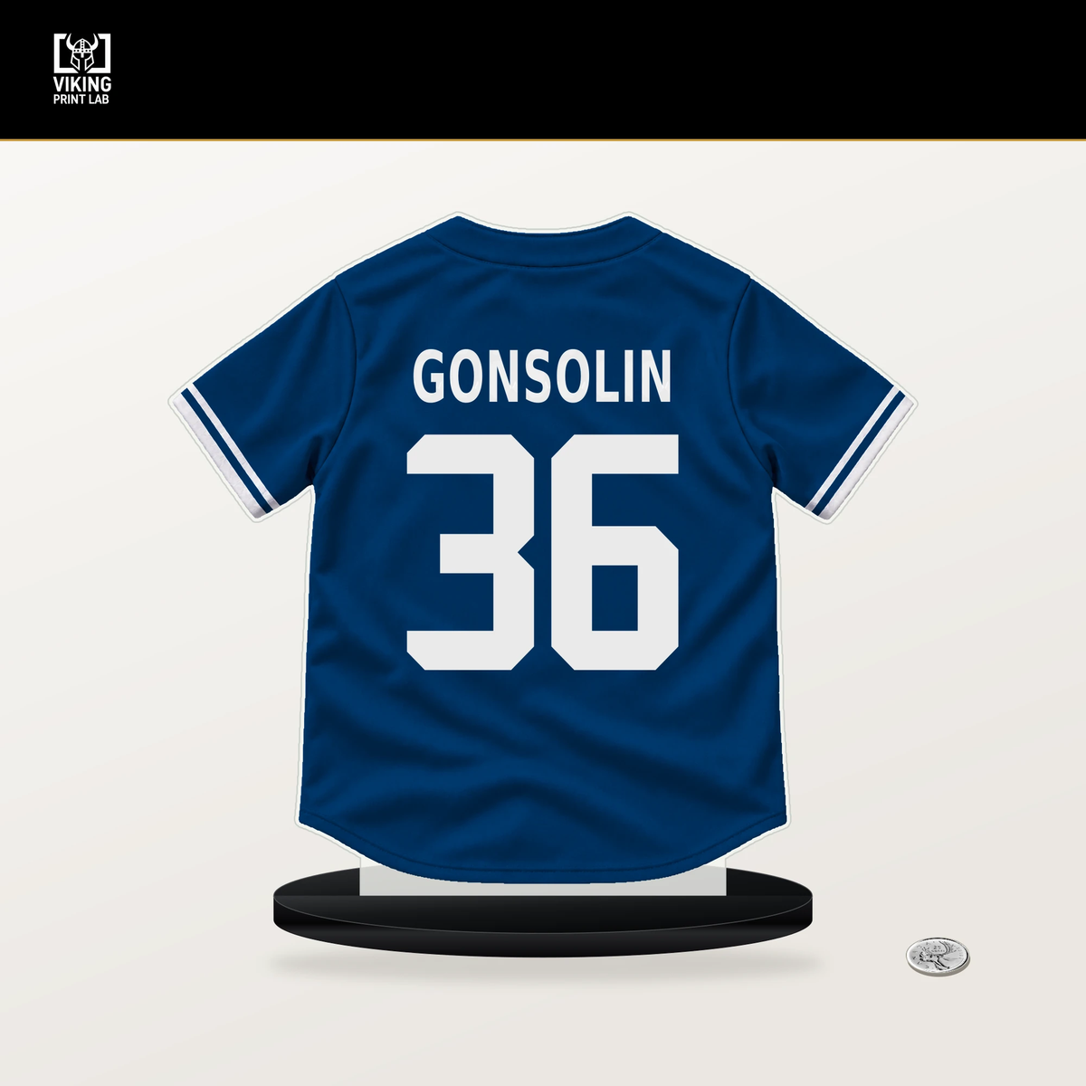 Tony Gonsolin number 36 Kansas City Royals jersey stand with included black base.