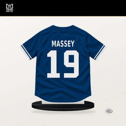 Michael Massey number 19 Kansas City Royals jersey stand with included black base.