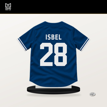 Kyle Isbel number 28 Kansas City Royals jersey stand with included black base.