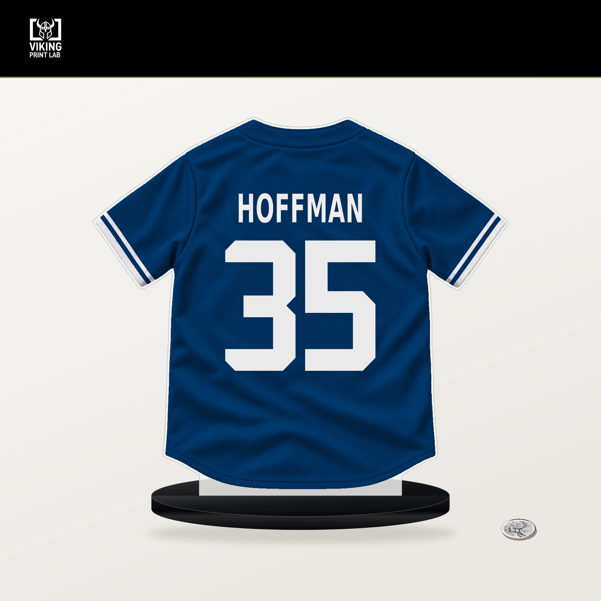 Nolan Hoffman number 35 Kansas City Royals jersey stand with included black base.