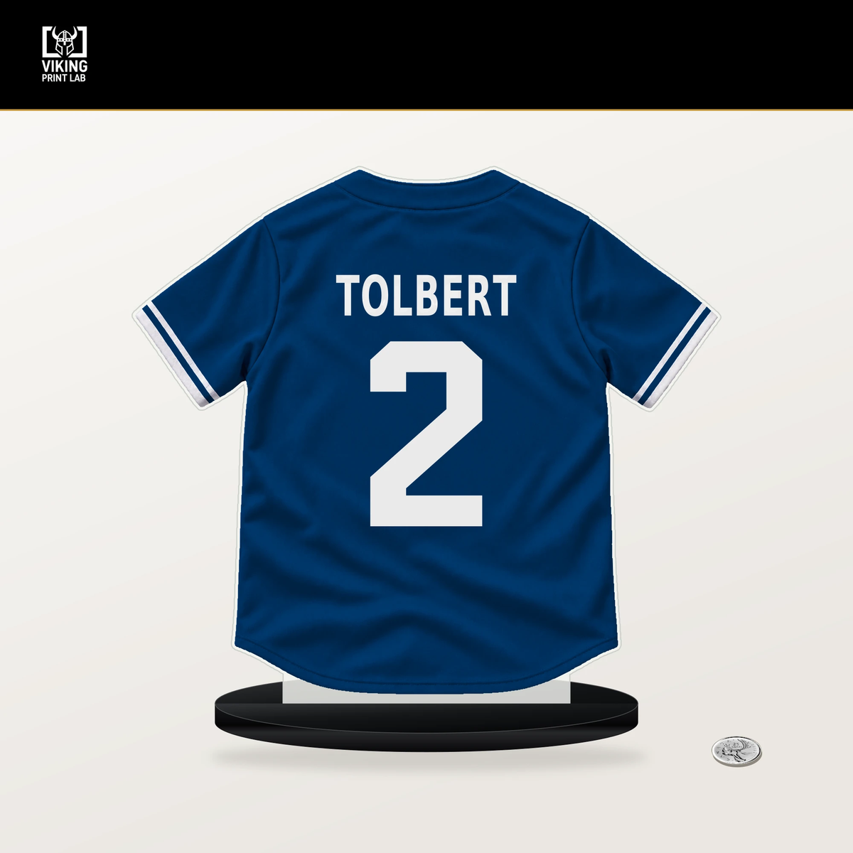 Tyler Tolbert number 2 Kansas City Royals jersey stand with included black base.