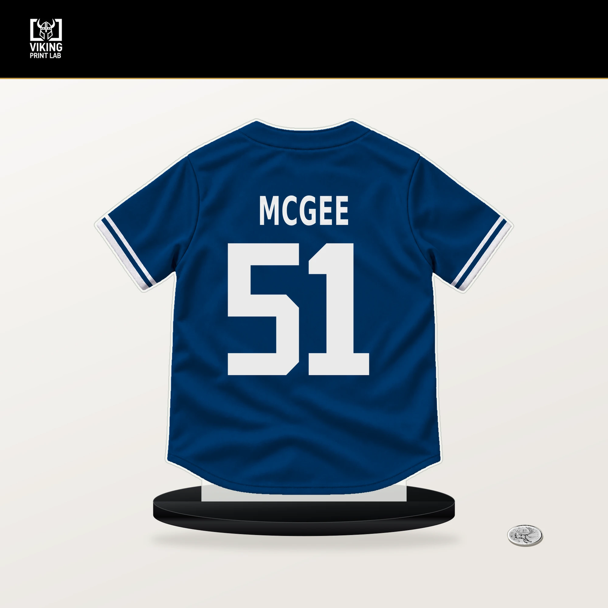 Easton McGee number 51 Kansas City Royals jersey stand with included black base.